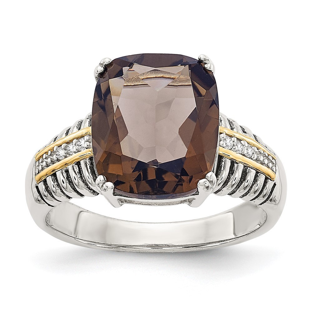 925 Sterling Silver w 14K acct Antiqued Cushion Smoky Quartz & Diamond Ring